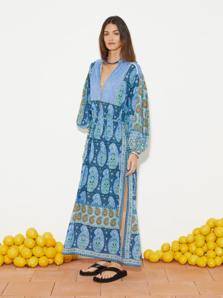 Onda Maxi Smock Dress Blues Patchwork