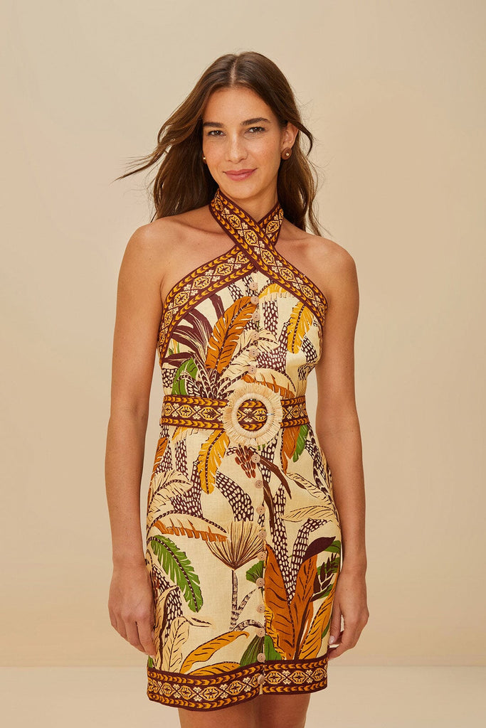 Foliage Halter Neck Mini Dress