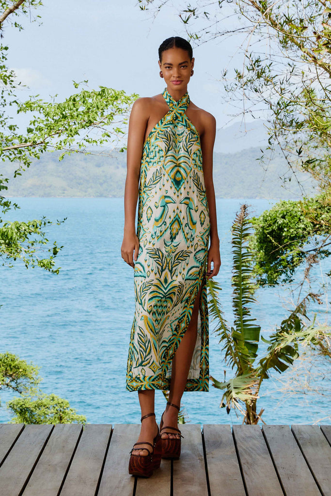 Tropical Tapestry Halter Neck Maxi Dress