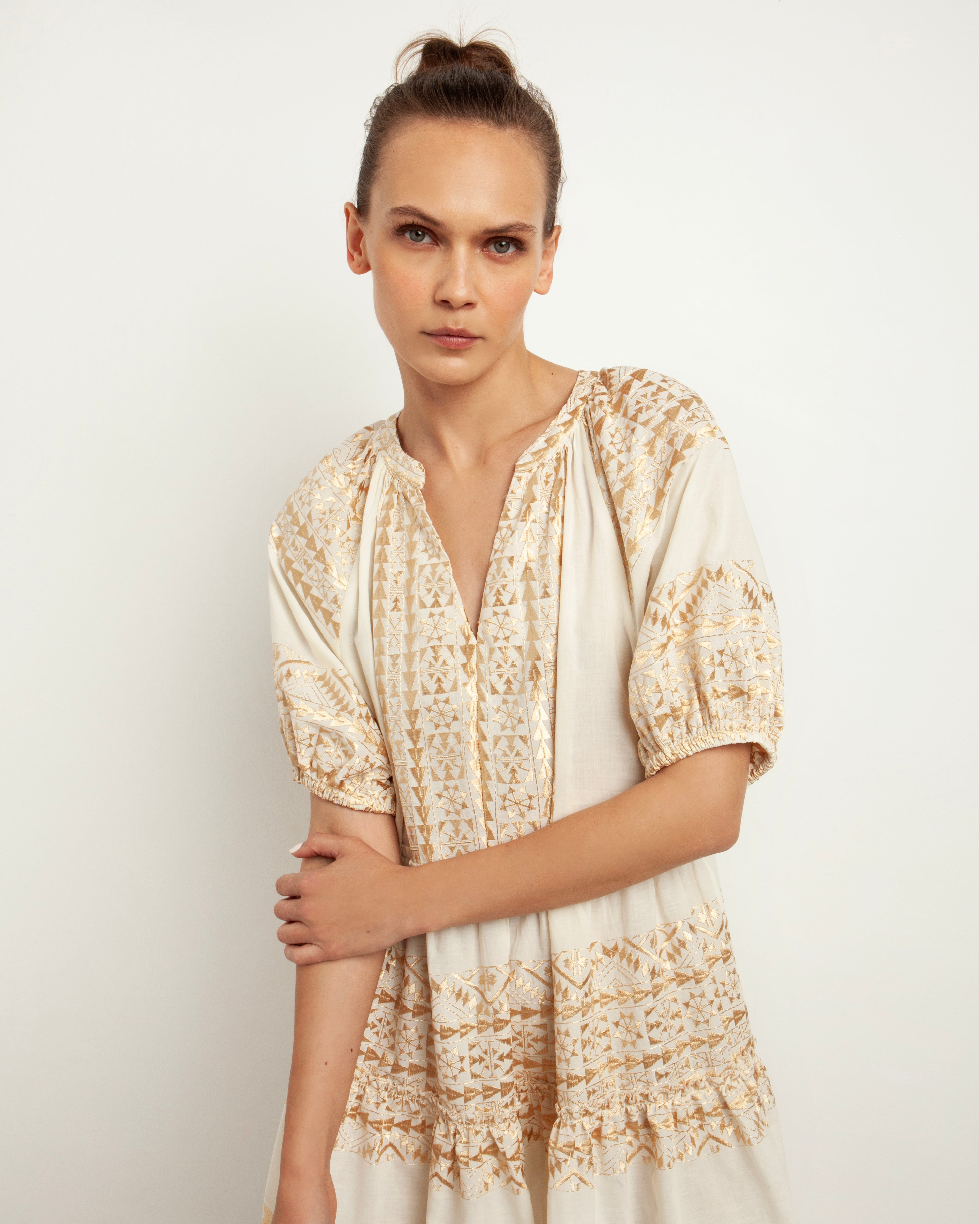 Embroidered Cotton Mini Dress White Gold – Toscani Australia