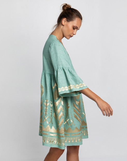 Embroidered Linen Short Dress Sea Green – Toscani Australia