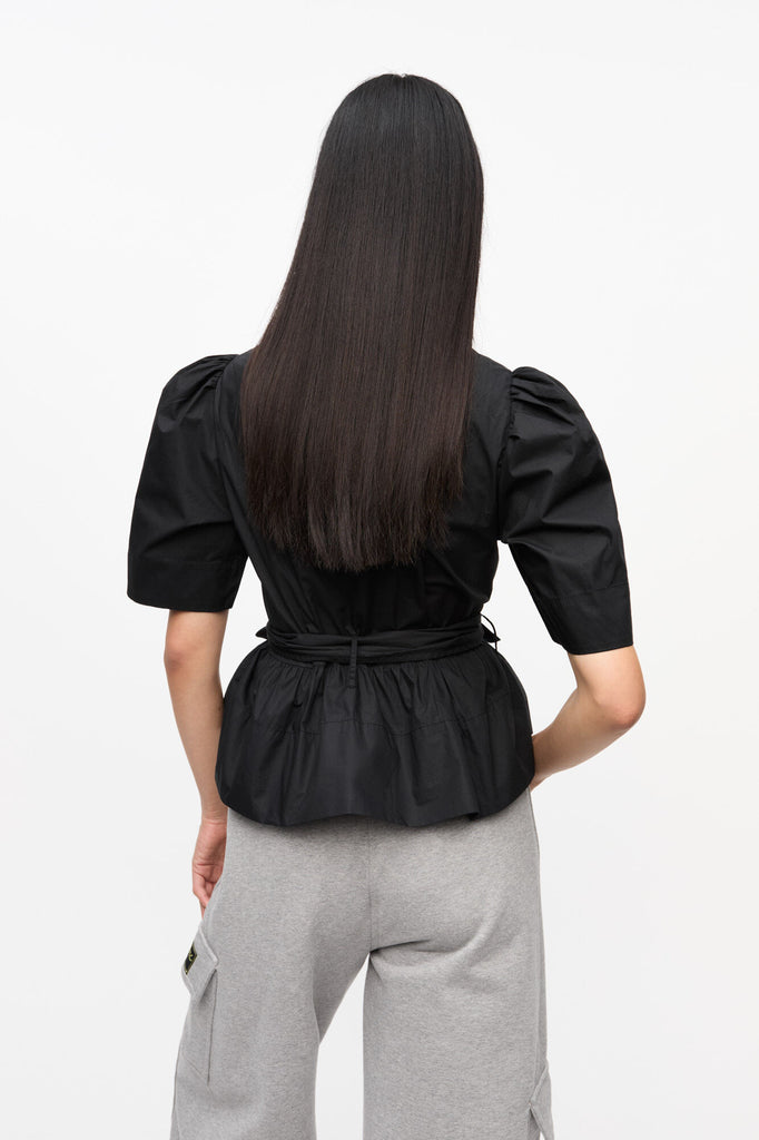 Washed Cotton Tie Strap Blouse Black