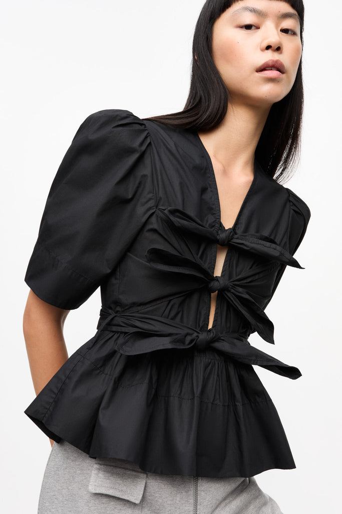 Washed Cotton Tie Strap Blouse Black