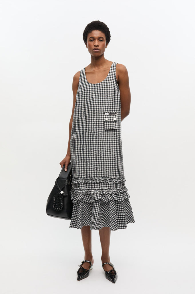 Crinkled Taffeta Check Long Dress