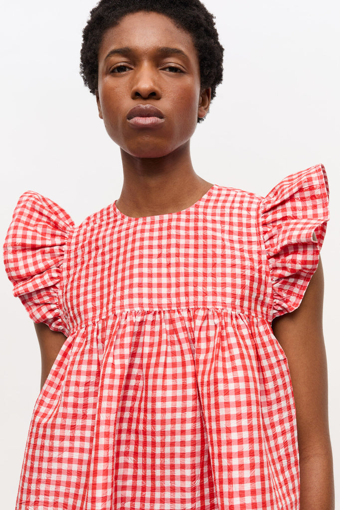 Crinkled Taffeta Check Frill Mini Dress