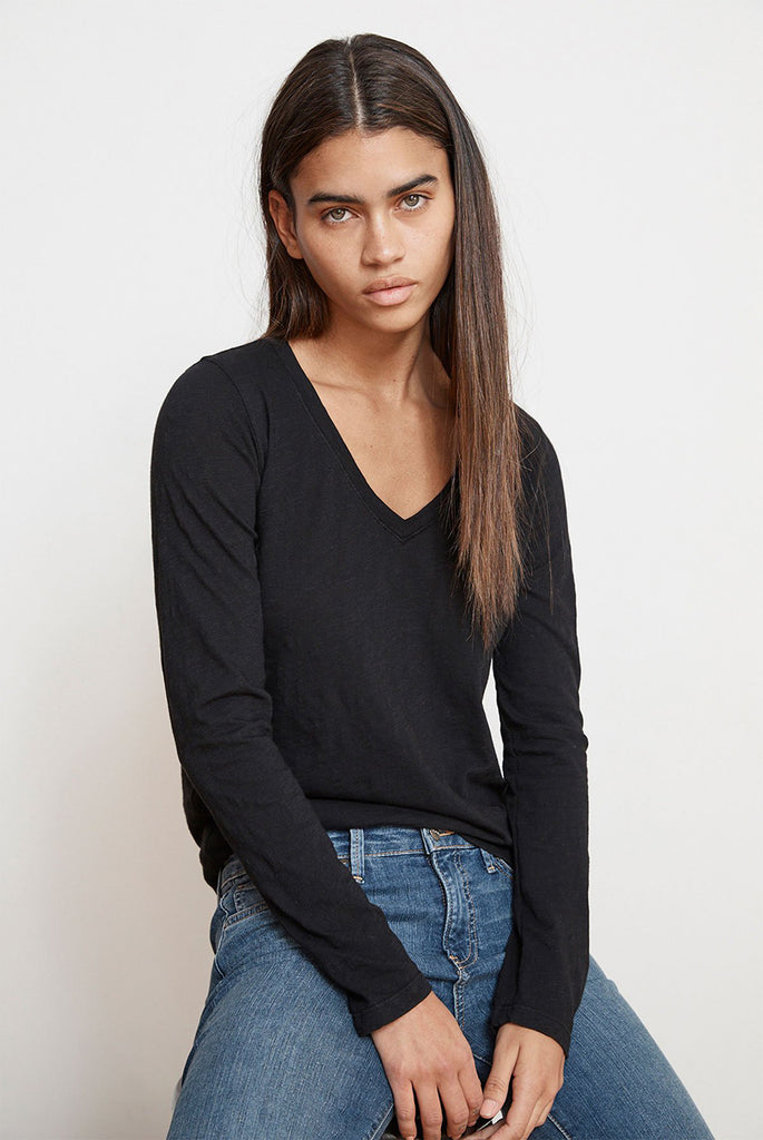Velvet Originals Blaire V Neck Long Sleeve Tee Black