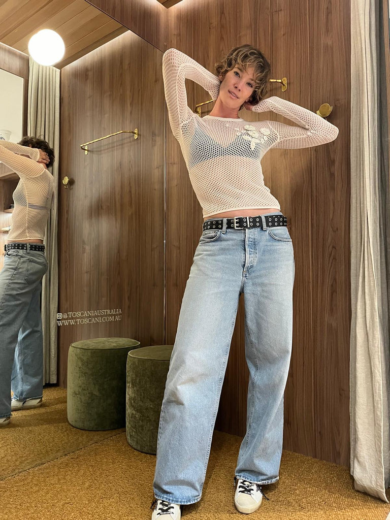 Cotton Mesh Pointelle Longsleeve Top Off-White