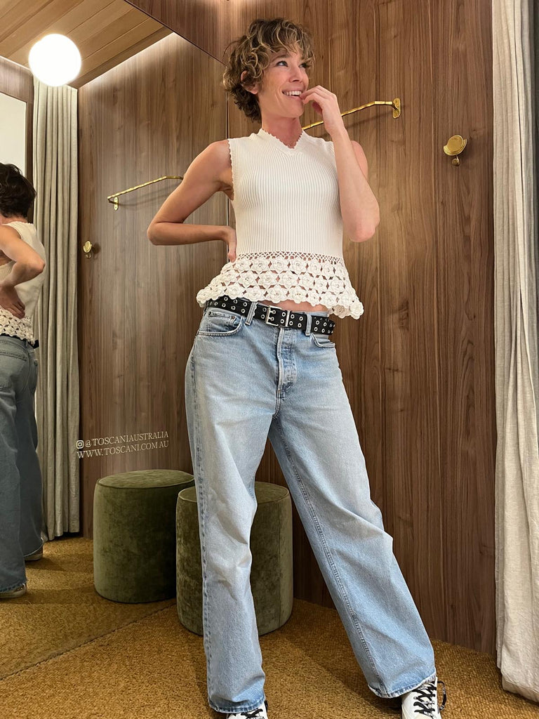 Fine Cotton Rib Crochet Vest Off-White