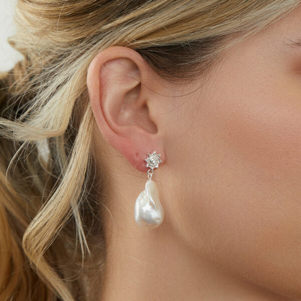 Surf Rider Baroque Pearl Earrings Silver