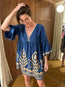 Short Dress with Feather Embroidery Indigo Gold