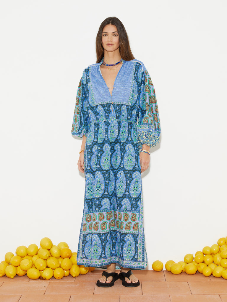 Onda Maxi Smock Dress Blues Patchwork