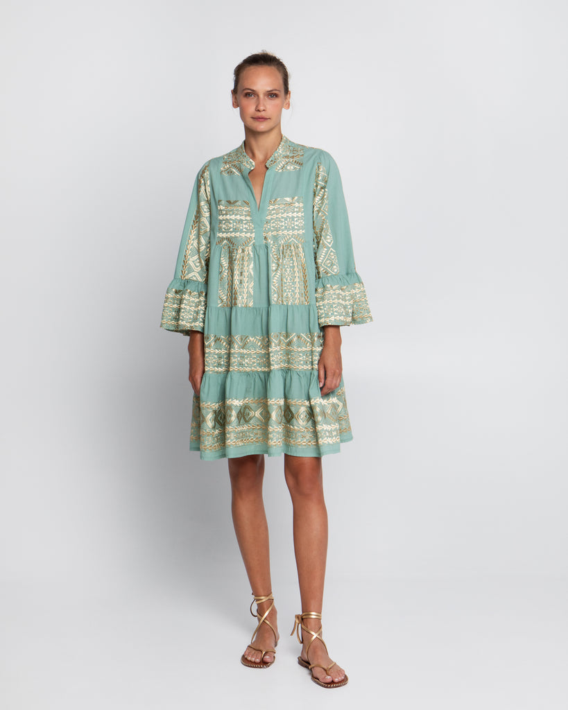 Embroidered Cotton Short Dress Sea Green