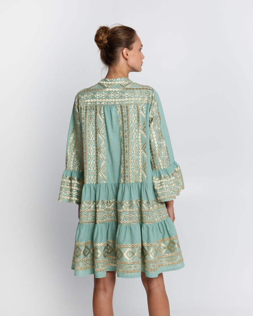 Embroidered Cotton Short Dress Sea Green