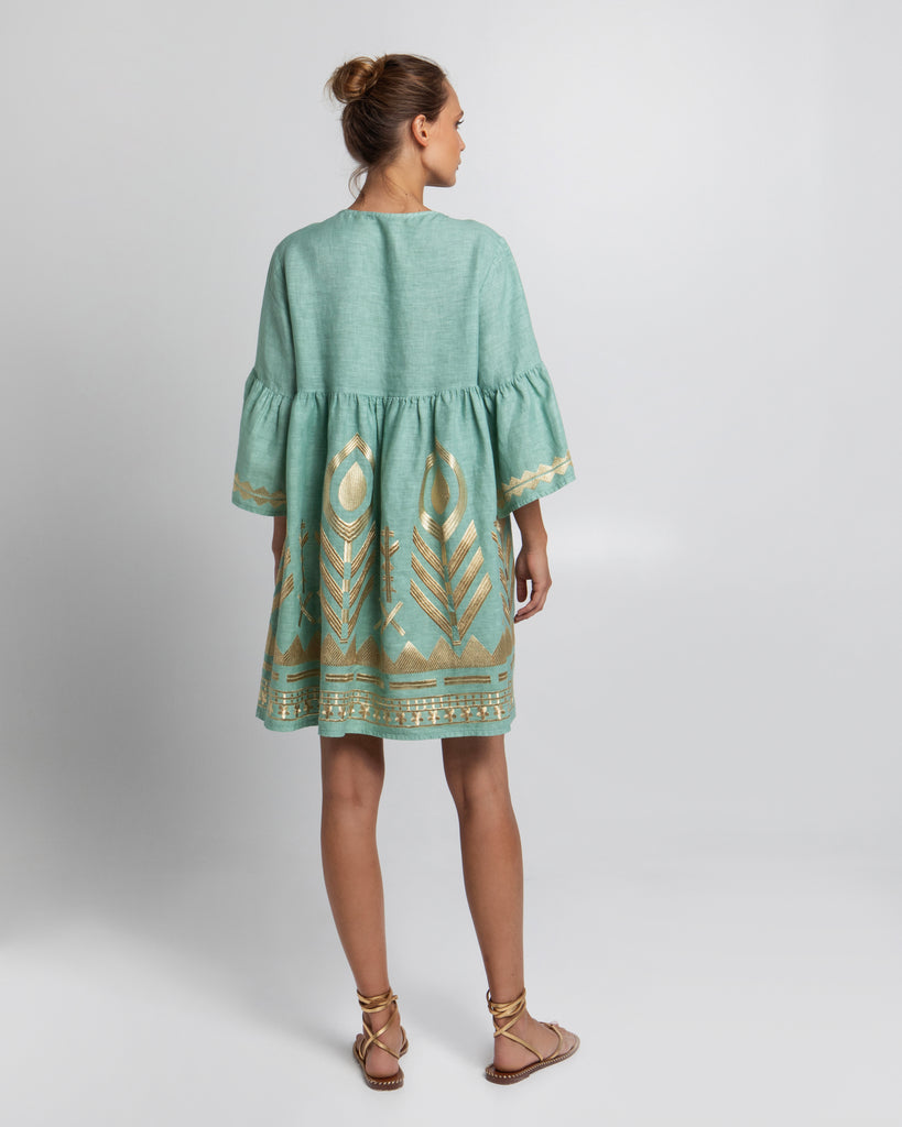 Embroidered Linen Short Dress Sea Green