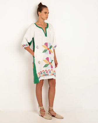 Sun Embroidered Short Dress White Green