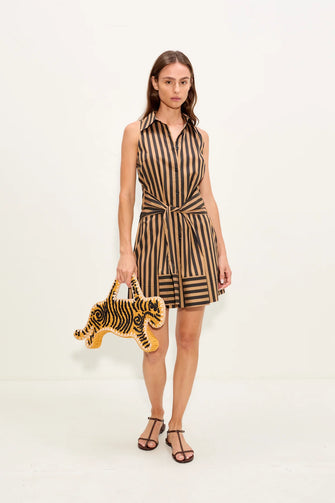 Inna Sleeveless Poplin Mini Dress Black/Tan Stripe