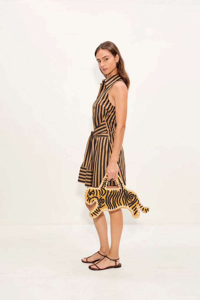 Inna Sleeveless Poplin Mini Dress Black/Tan Stripe