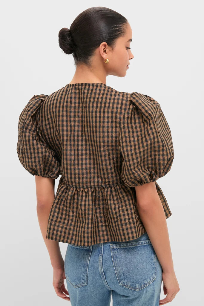 Crinkle Taffeta Check Peplum Blouse