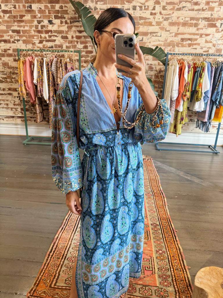 Onda Maxi Smock Dress Blues Patchwork