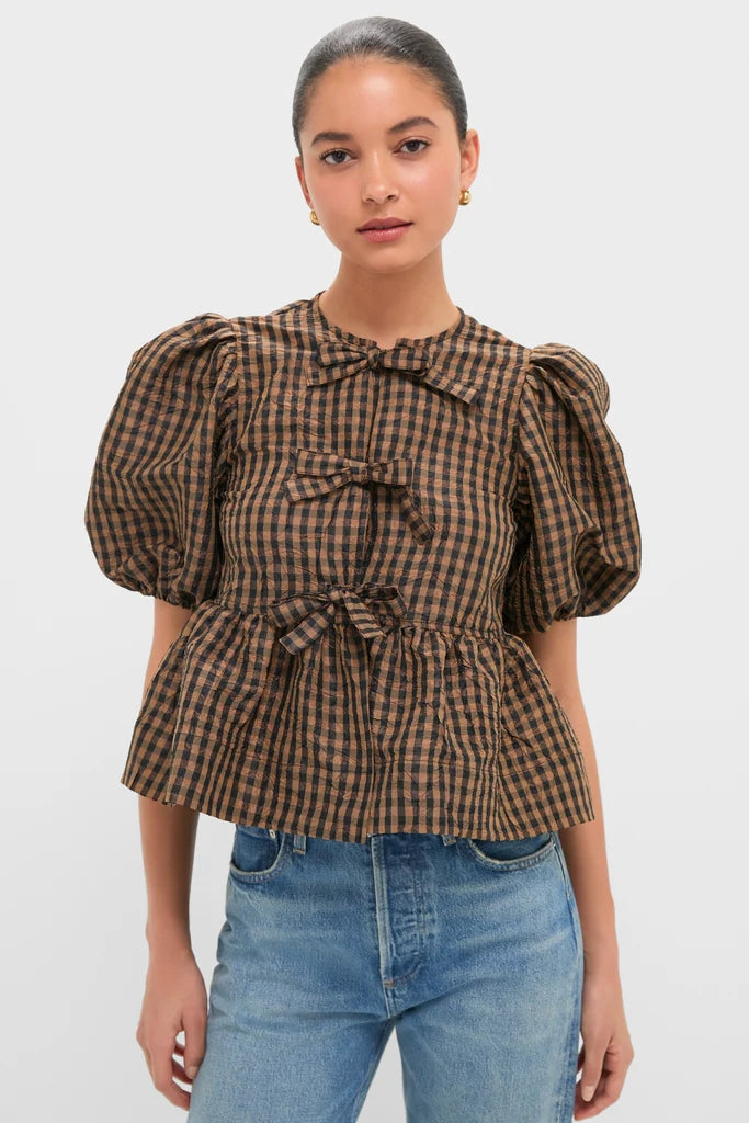 Crinkle Taffeta Check Peplum Blouse