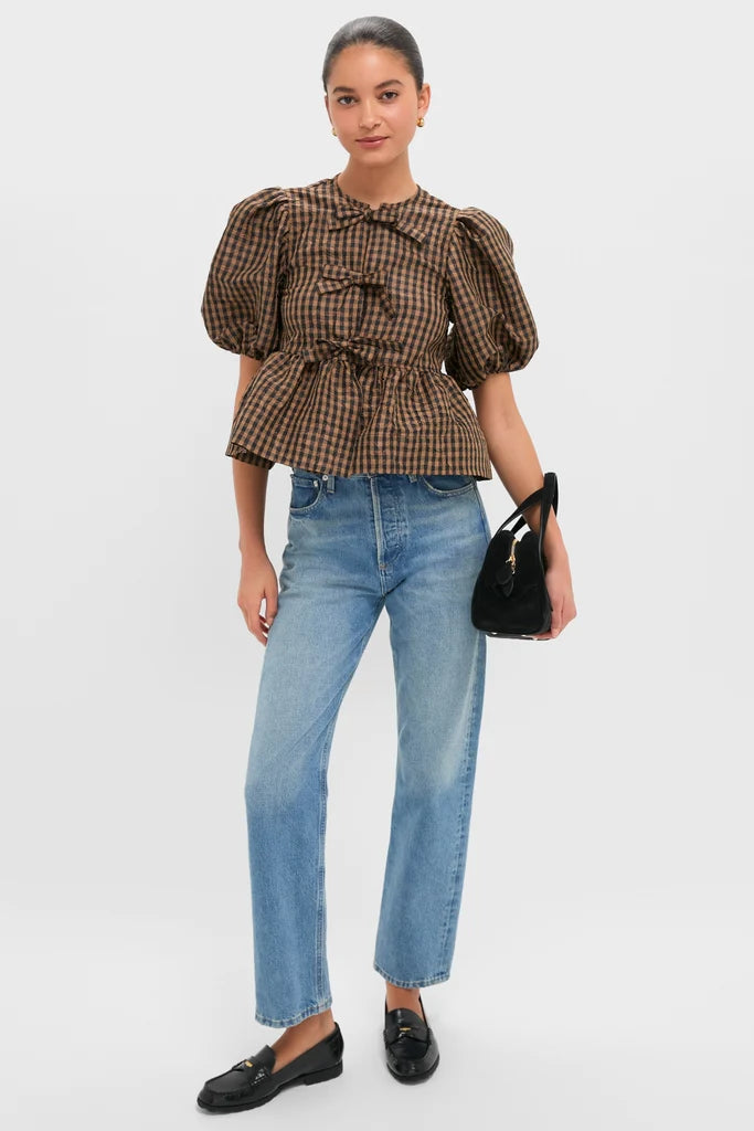 Crinkle Taffeta Check Peplum Blouse