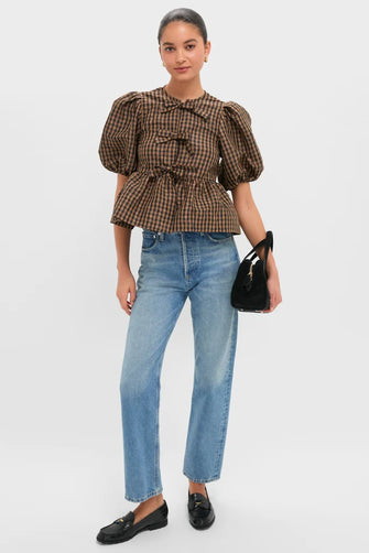 Crinkle Taffeta Check Peplum Blouse