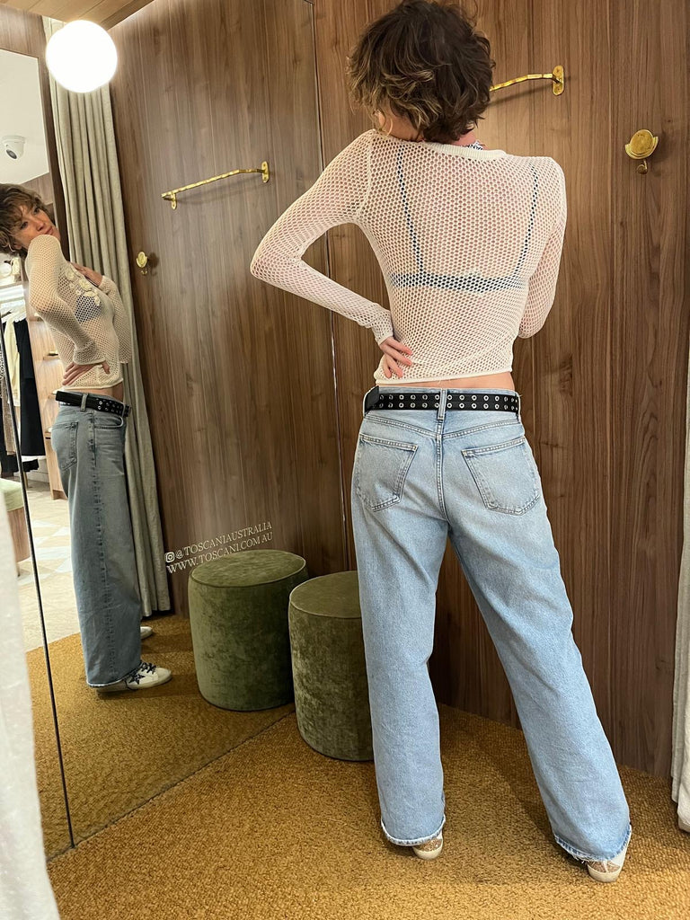 Cotton Mesh Pointelle Longsleeve Top Off-White