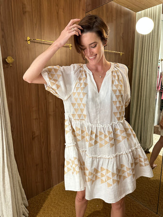 Short Sleeve Embroidered Chevron Dress White Gold