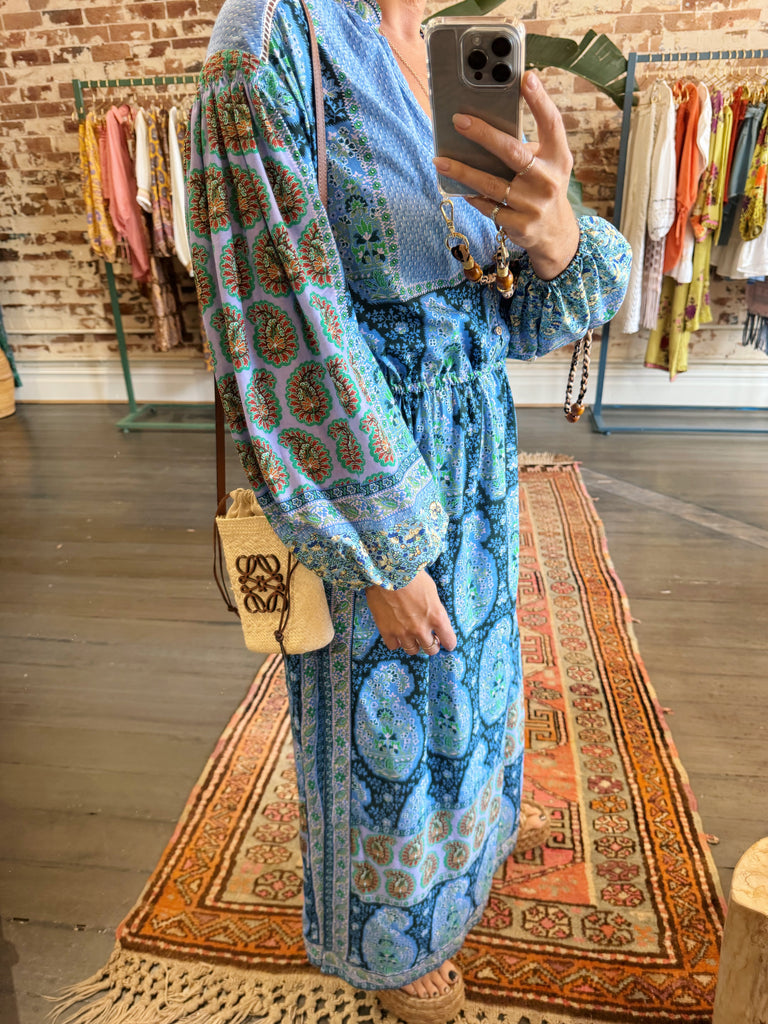 Onda Maxi Smock Dress Blues Patchwork