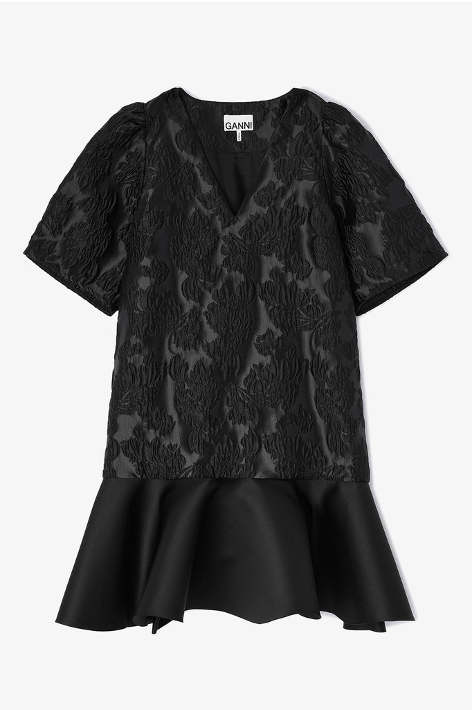 Satin Cloque V Neck Mini Dress