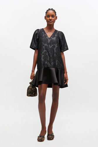 Satin Cloque V Neck Mini Dress