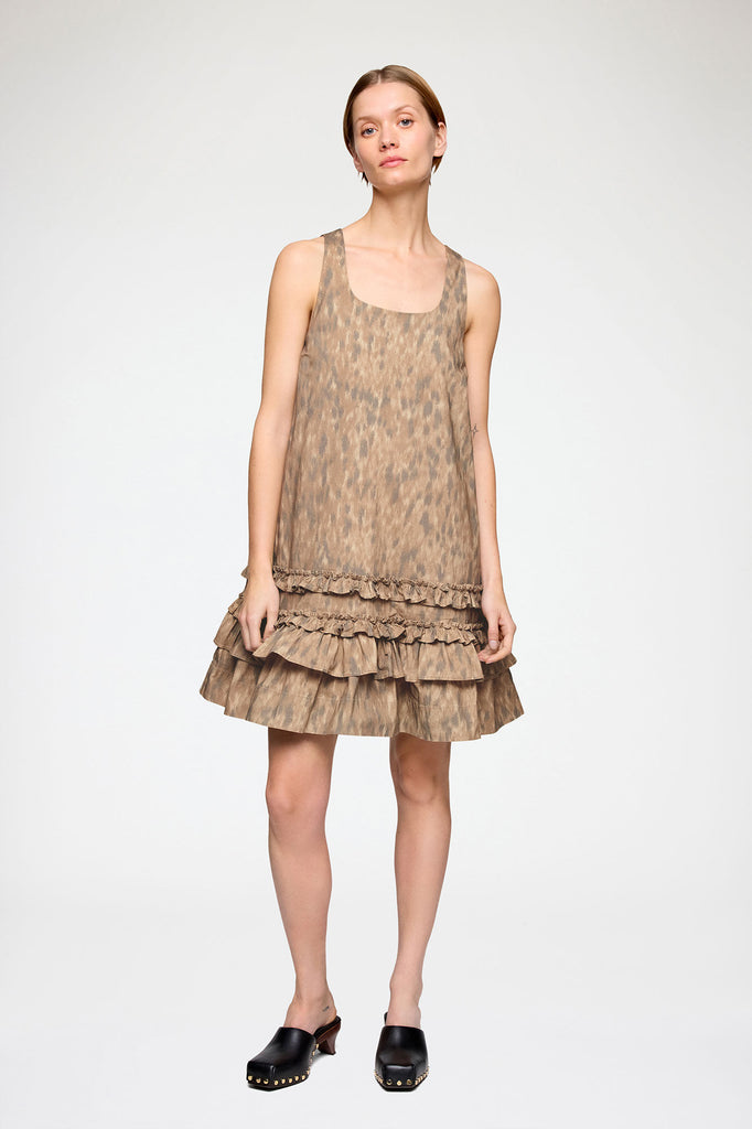 Printed Stretch Cotton U-neck Mini Dress Burro