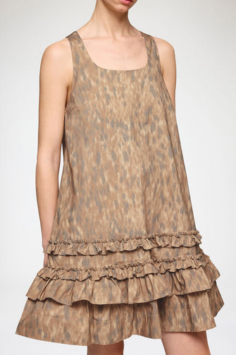 Printed Stretch Cotton U-neck Mini Dress Burro