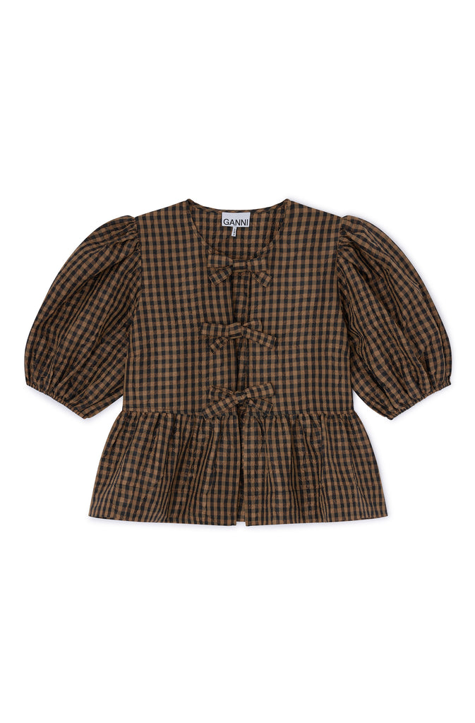 Crinkle Taffeta Check Peplum Blouse