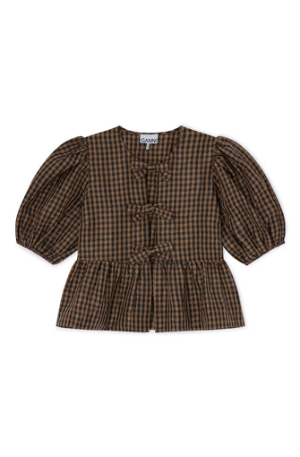 Crinkle Taffeta Check Peplum Blouse