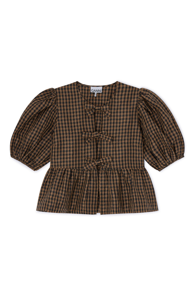 Crinkle Taffeta Check Peplum Blouse