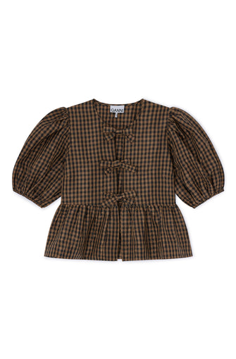 Crinkle Taffeta Check Peplum Blouse