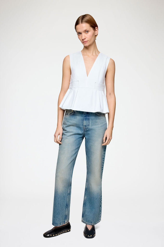 Stretch Cotton V Neck Pocket Blouse White