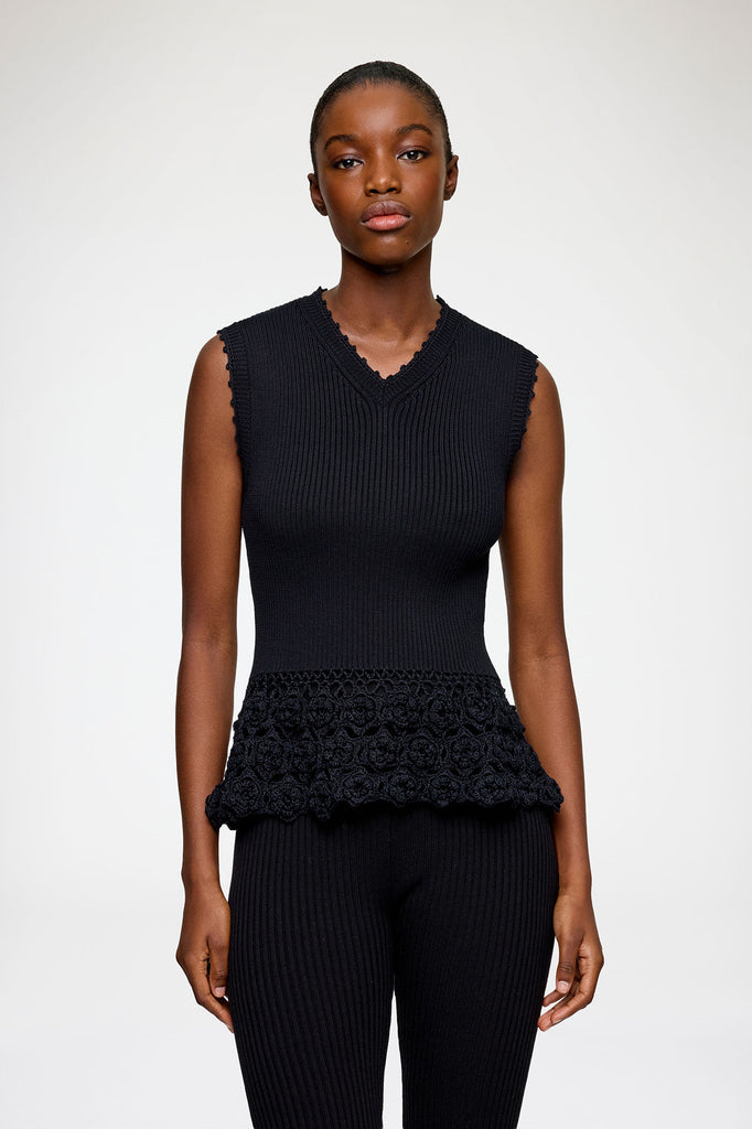 Fine Cotton Rib Crochet Vest Black