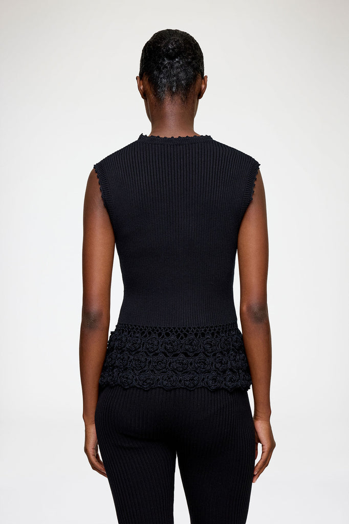 Fine Cotton Rib Crochet Vest Black