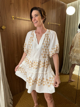 Short Sleeve Embroidered Chevron Dress White Gold