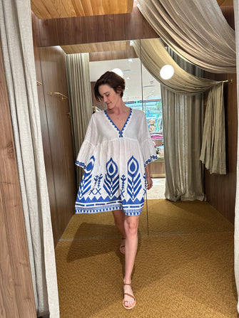 Short Dress with Feather Embroidery White Blue