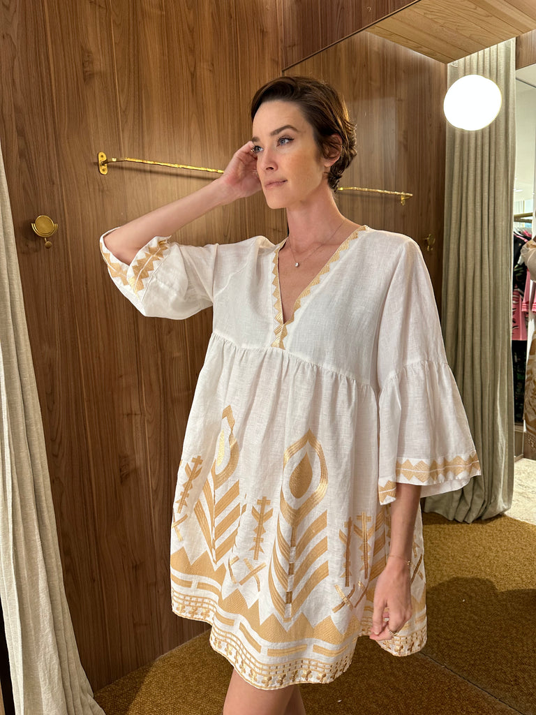 Short Dress with Feather Embroidery White Gold