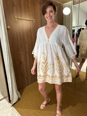 Short Dress with Feather Embroidery White Gold