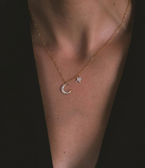 Asteria One Only Moon & Star Necklace Yellow Gold