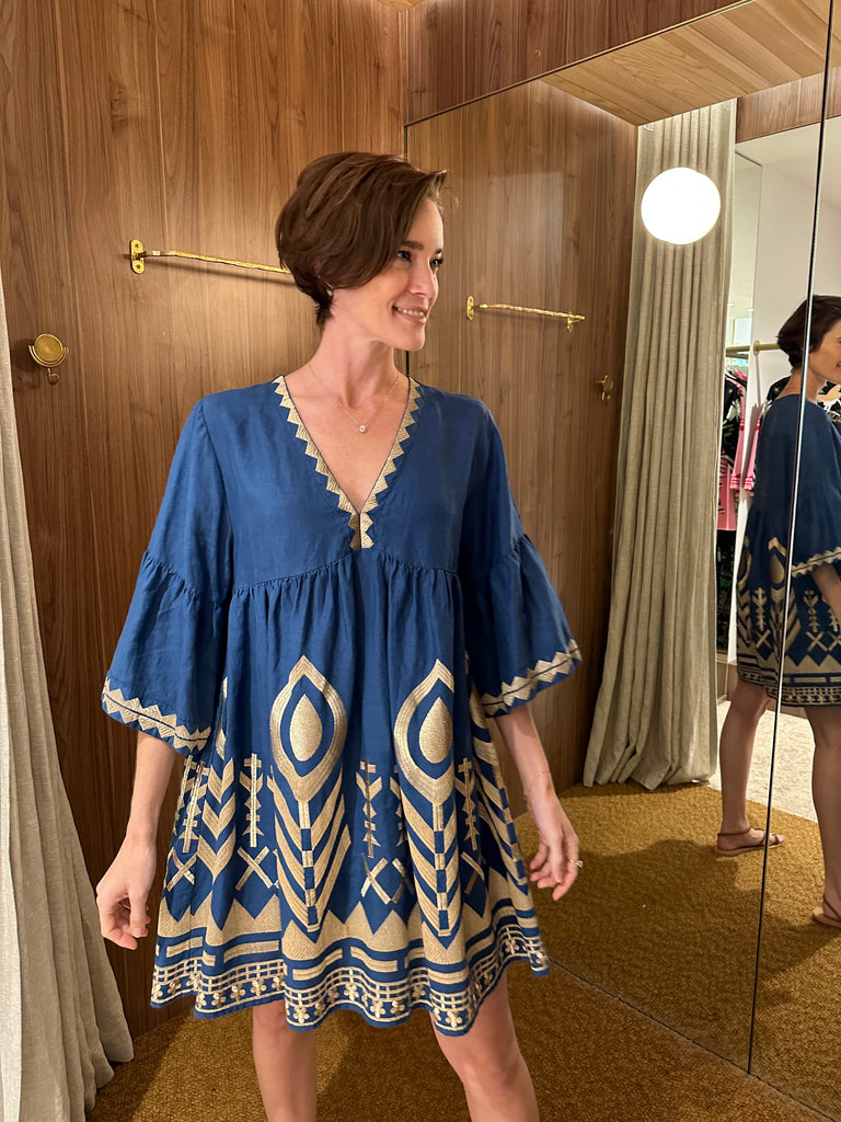 Short Dress with Feather Embroidery Indigo Gold