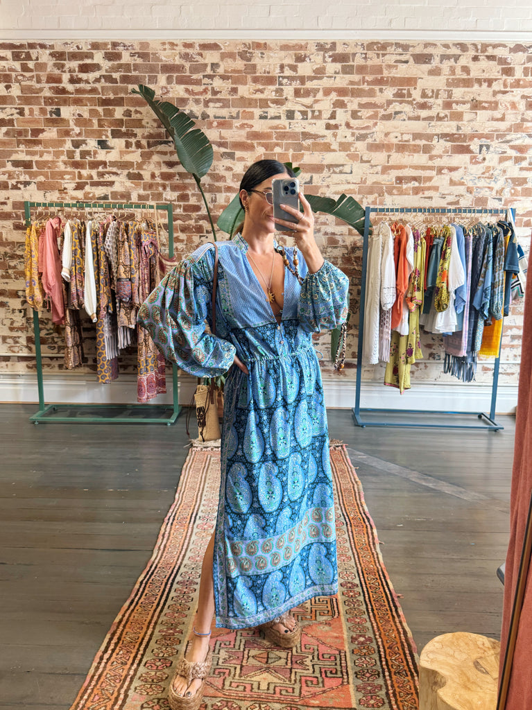 Onda Maxi Smock Dress Blues Patchwork