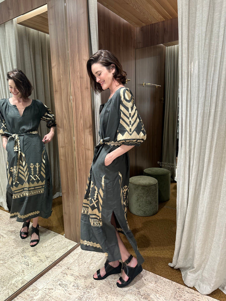 Long Feather Embroidered Dress Khaki Gold