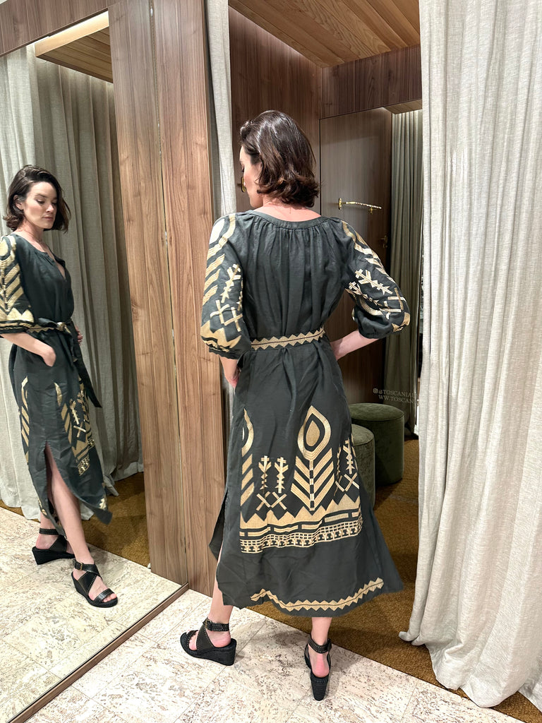 Long Feather Embroidered Dress Khaki Gold