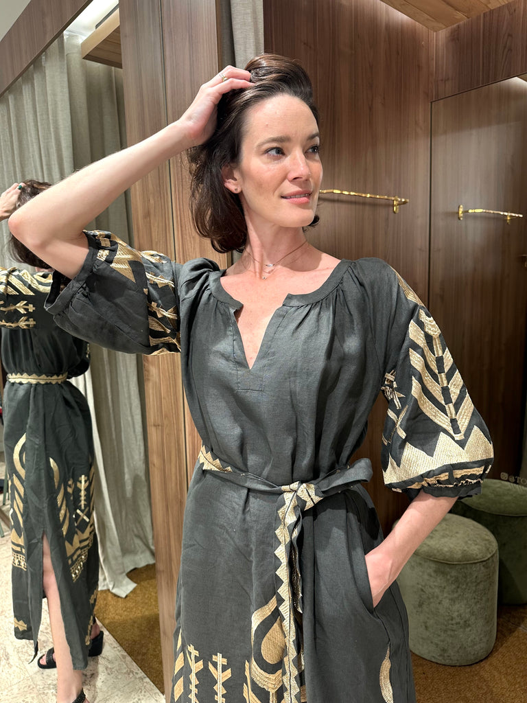 Long Feather Embroidered Dress Khaki Gold